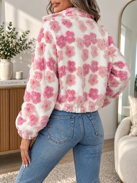 Bluza Kurtka Damska Różowa Biała w kwiaty na zamek Krótka