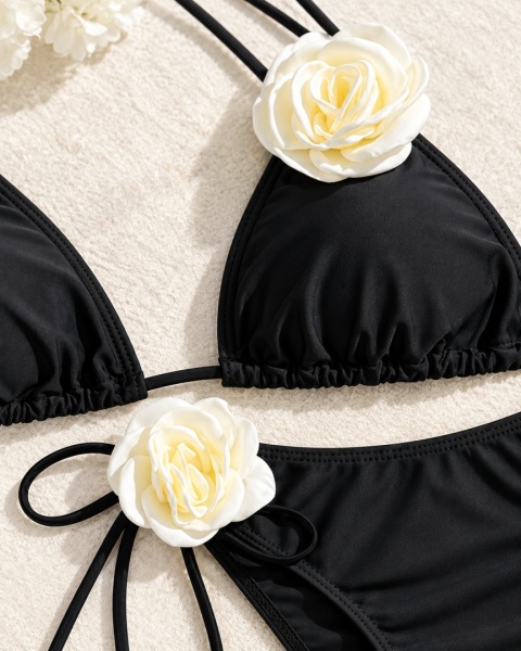 Strój Kąpielowy 3D Kwiaty Róże Kremowy Czarny Bikini Dwuczęściowy Damski