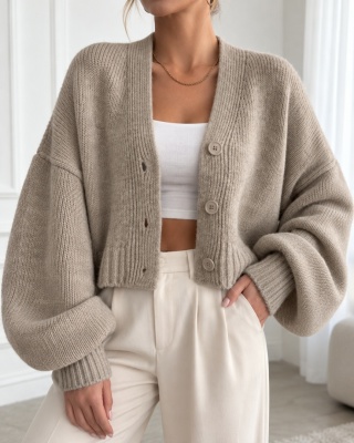 Sweter Rozpinany Kardigan Beżowy Oversize ażurowy Zapinany