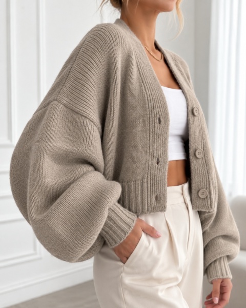 Sweter Rozpinany Kardigan Beżowy Oversize ażurowy Zapinany