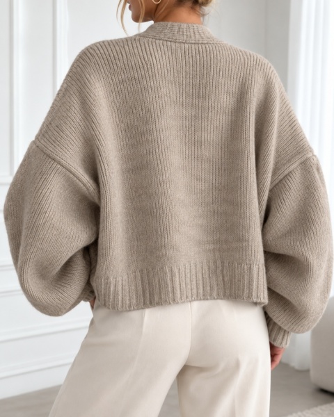Sweter Rozpinany Kardigan Beżowy Oversize ażurowy Zapinany