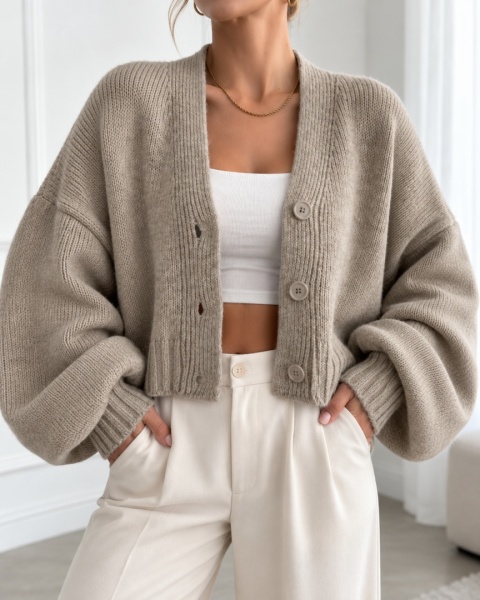 Sweter Rozpinany Kardigan Beżowy Oversize ażurowy Zapinany